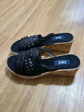 Lei Black Cork Wedge Sandals – Women’s 7.5